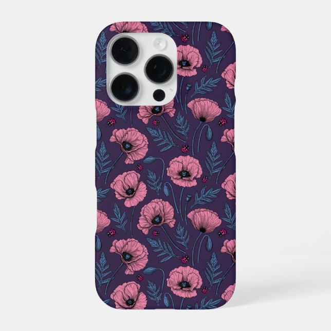 Pink poppies on dark violet iPhone case (Back)