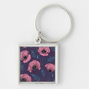 Pink poppies on dark violet key ring