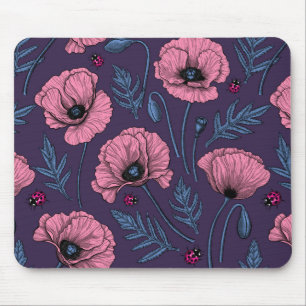 Pink poppies on dark violet mouse mat