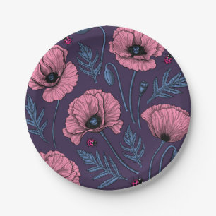 Pink poppies on dark violet paper plate