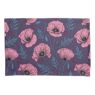 Pink poppies on dark violet pillowcase