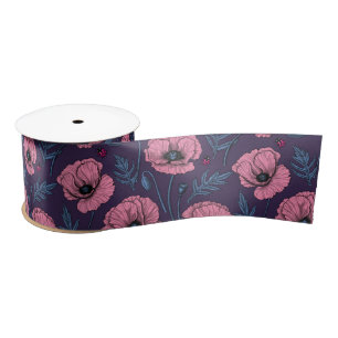 Pink poppies on dark violet satin ribbon