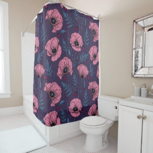 Pink poppies on dark violet shower curtain