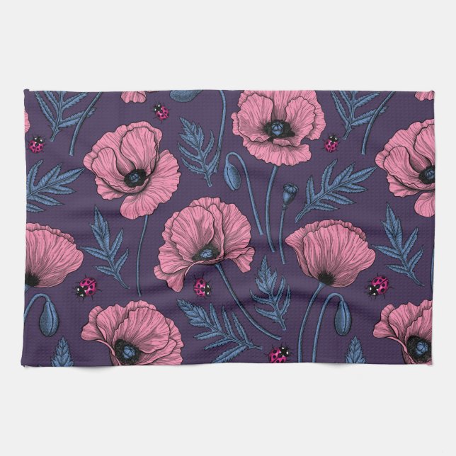 Pink poppies on dark violet tea towel (Horizontal)