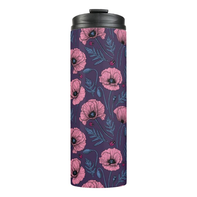 Pink poppies on dark violet thermal tumbler (Front)