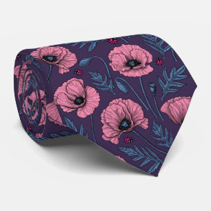 Pink poppies on dark violet tie