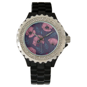 Pink poppies on dark violet watch