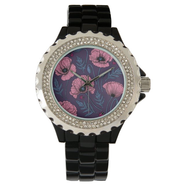 Pink poppies on dark violet watch (Front)