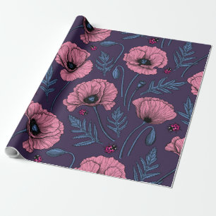 Pink poppies on dark violet wrapping paper