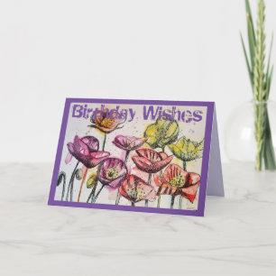 Pink Poppies Watercolour and ink Birthday Card