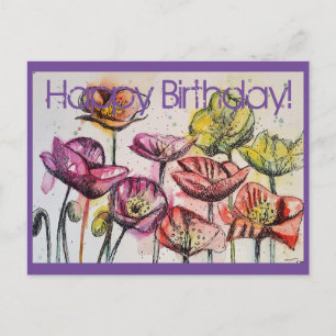 Pink Poppies Watercolour and ink Birthday Card