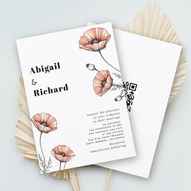 Pink poppies wildflowers floral QR code wedding Invitation (Creator Uploaded)