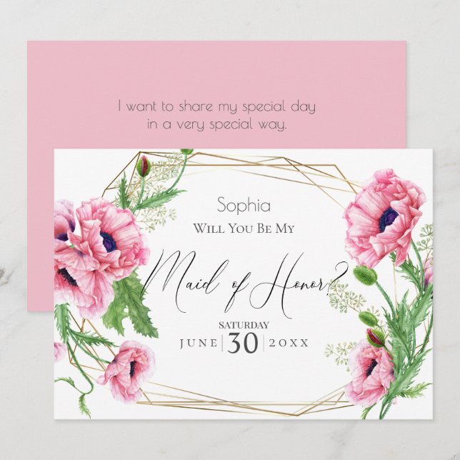 Pink Poppies Will You Be My Maid of Honour Invitation (Front/Back)