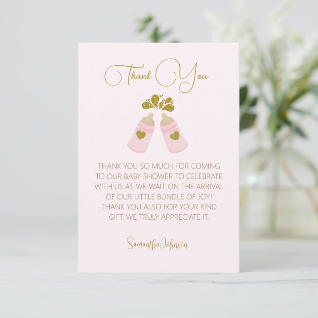 Pink Poppin Bottles Girl Baby Shower Thank You Card (Standing Front)