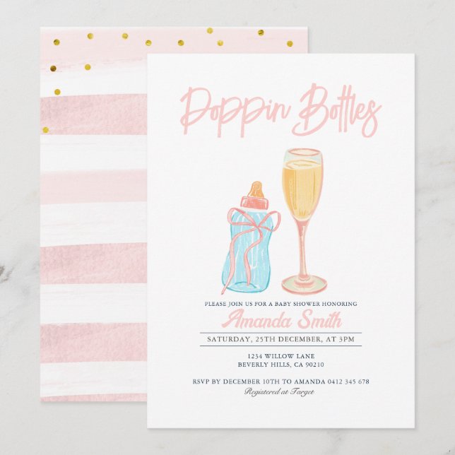 Pink Poppin' Bottles Invite Girl Baby Shower  (Front/Back)