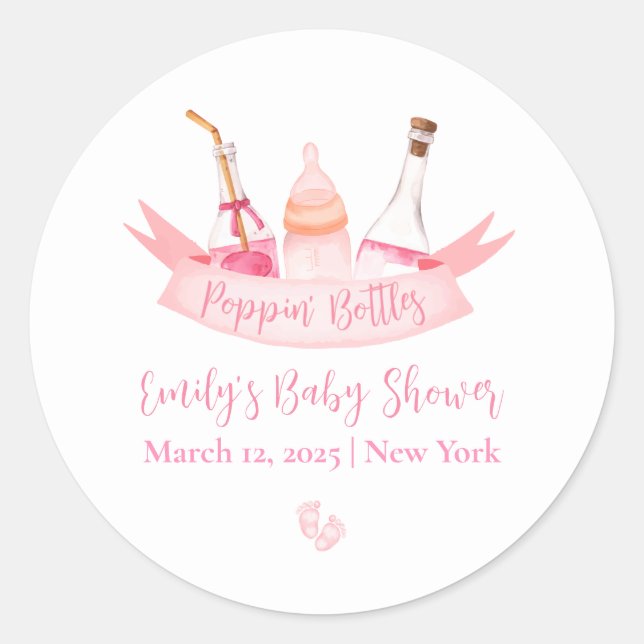 Pink Poppin Champagne Bottles Feet Baby Shower Classic Round Sticker (Front)