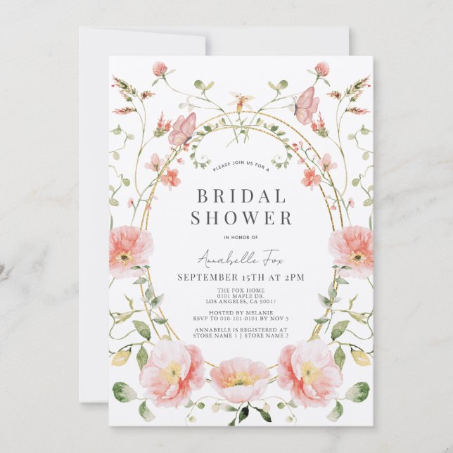 Pink Poppy Butterfly Watercolor Bridal Shower Invitation (Front)