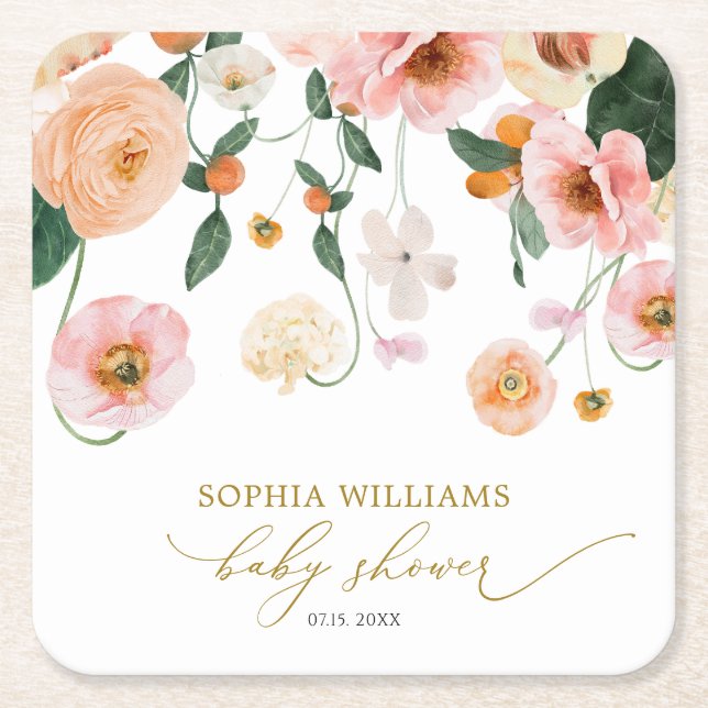 Pink Poppy Floral Baby Shower Square Paper Coaster (Front)