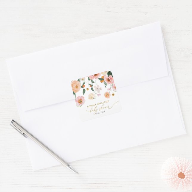 Pink Poppy Floral Baby Shower  Square Sticker (Envelope)