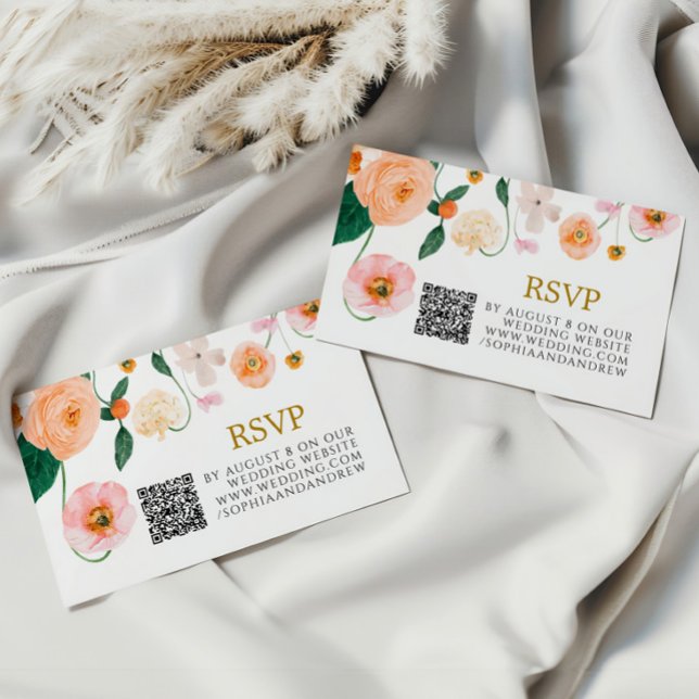 Pink Poppy Floral Wedding QR RSVP Enclosure Card (Creator Uploaded)