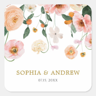 Pink Poppy Floral Wedding Square Sticker