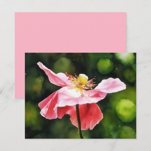 Pink Poppy Flower Floral Art Note Card Set (Front/Back)