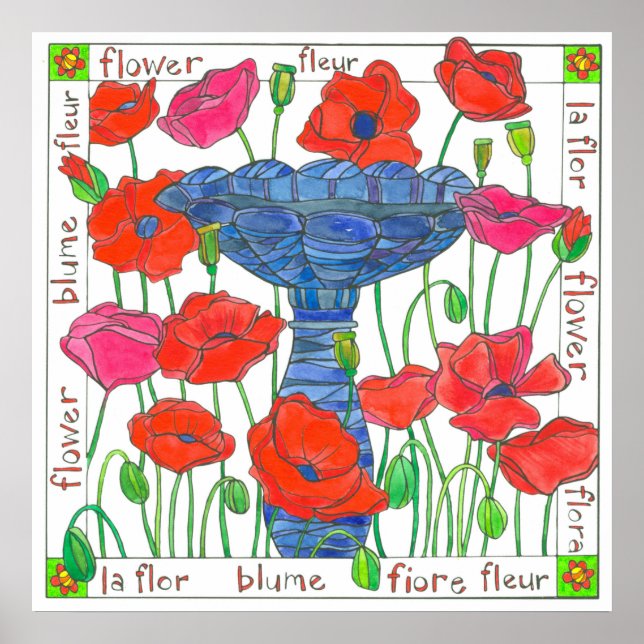 Pink Poppy Flowers Garden Bird Bath Poster (Front)