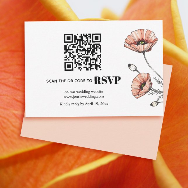 Pink poppy flowers QR code floral wedding RSVP Card (Creator Uploaded)