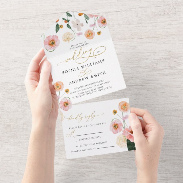 Pink Poppy Flowers Wedding  All In One Invitation (Tearaway)