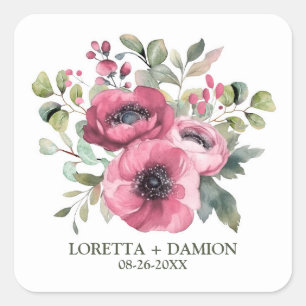 Pink Poppy Flowers Wedding Square Sticker