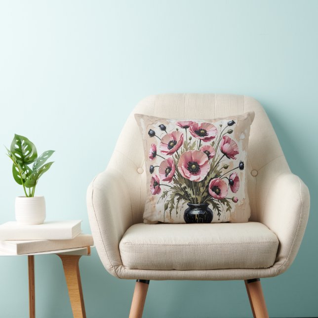 Pink Poppy Impasto Art Cushion (Chair)