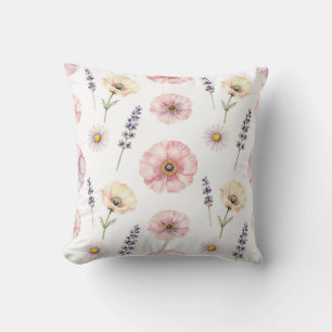 Pink Poppy Lavender Daisy Watercolor Floral Cushion