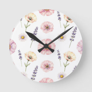 Pink Poppy Lavender Daisy Watercolor Floral Round Clock