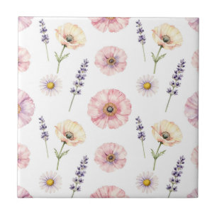 Pink Poppy Lavender Daisy Watercolor Floral Tile