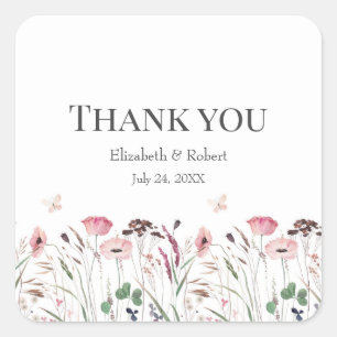 Pink Poppy Meadow Wedding Thank You Sticker