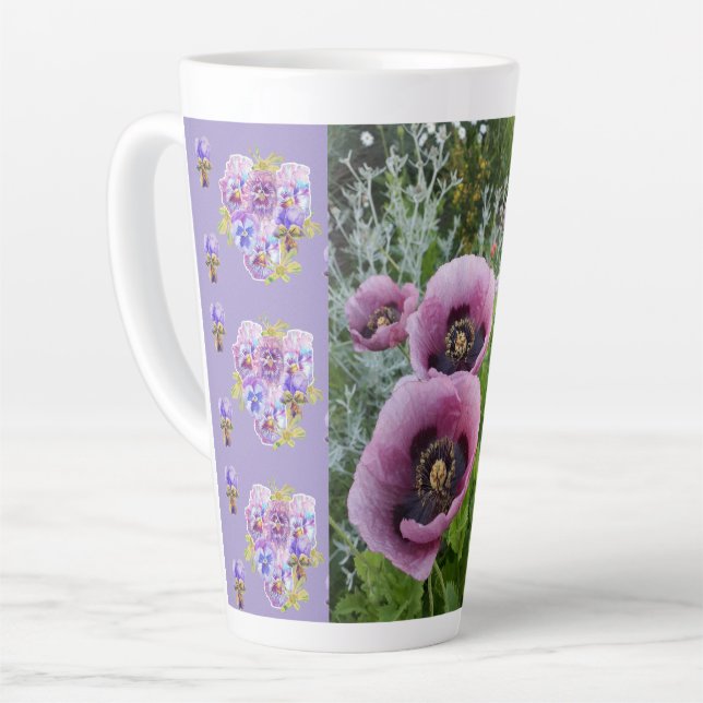 Pink Poppy Pansies Viola Shabby floral Latte Mug (Left Angle)