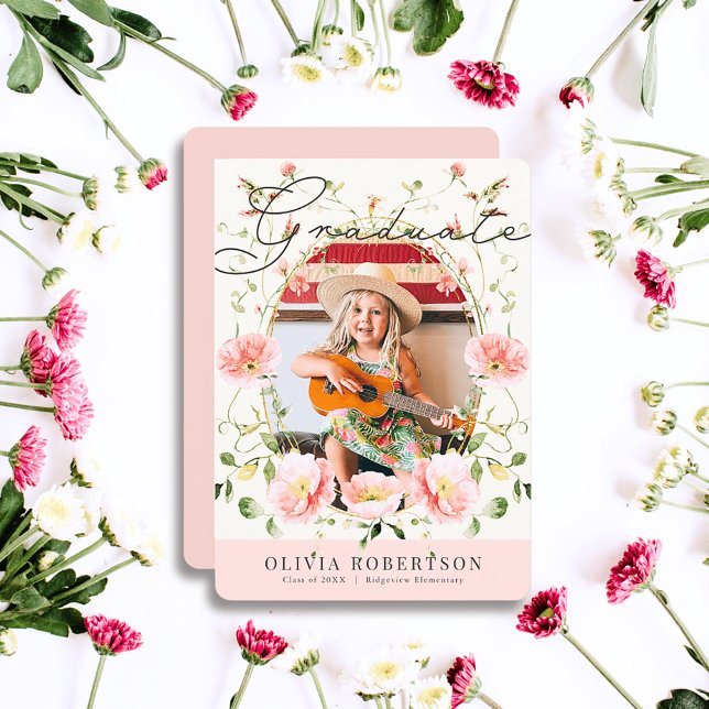 Pink Poppy Watercolor Floral Girl Photo Graduation Invitation (Creator Uploaded)