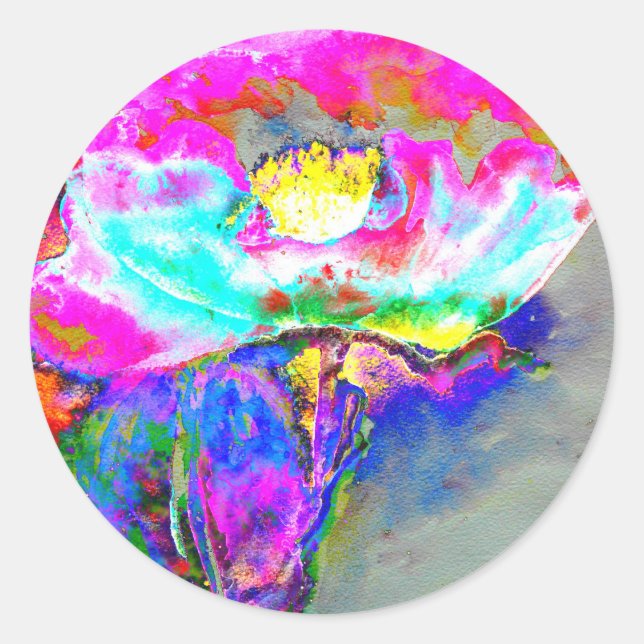 Pink  Poppy, watercolor floral painting Classic Round Sticker (Front)