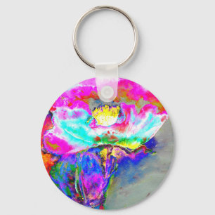 Pink  Poppy, watercolor floral painting Key Ring