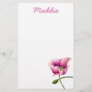 Pink poppy watercolor flower art stationery