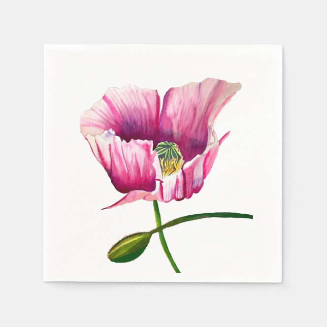 Pink Poppy watercolor flower pretty art Napkin (Front)
