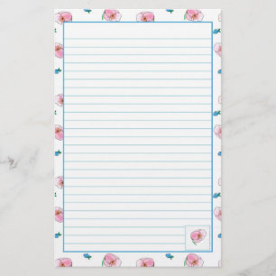 Pink Poppy Watercolor Flowers Lined Stationery