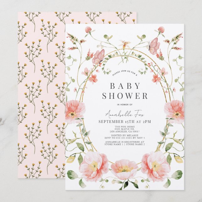 Pink Poppy Wildflowers Butterfly Baby Shower Invitation (Front/Back)