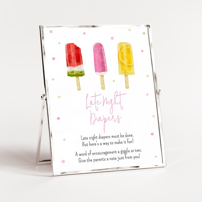 Pink Popsicle Baby Shower Late Night Diapers Poster (She's Ready to Pop Baby Shower Late Night Diapers Sign)