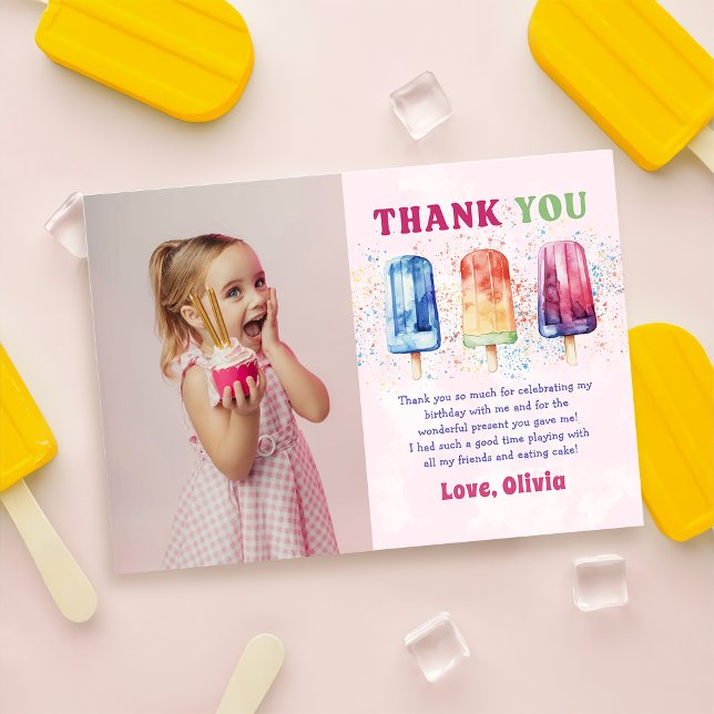 Pink Popsicle Birthday Photo Thank You Card (Creator Uploaded)