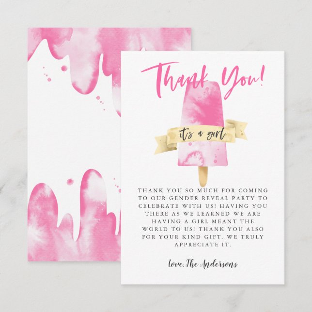 Pink Popsicle Girl Gender Reveal Party Thank You Card (Front/Back)