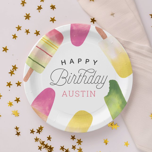 Pink Popsicle Personalised Kids Birthday Party Paper Plate (Creator Uploaded)