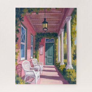 Pink Porch Botanical Deck Floral Watercolor Jigsaw Puzzle