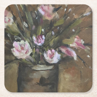 "Pink Posies" Flower Bouquet Fine Art Oil Painting Square Paper Coaster