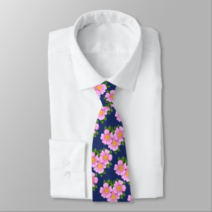 Pink Prairie Rose Floral Pattern on Navy Blue Tie